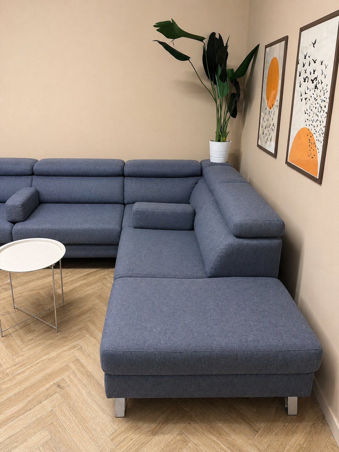 🛋️ Grote blauwe hoekbank met hoofdsteunen – verstelbare zit & lounge antraciet