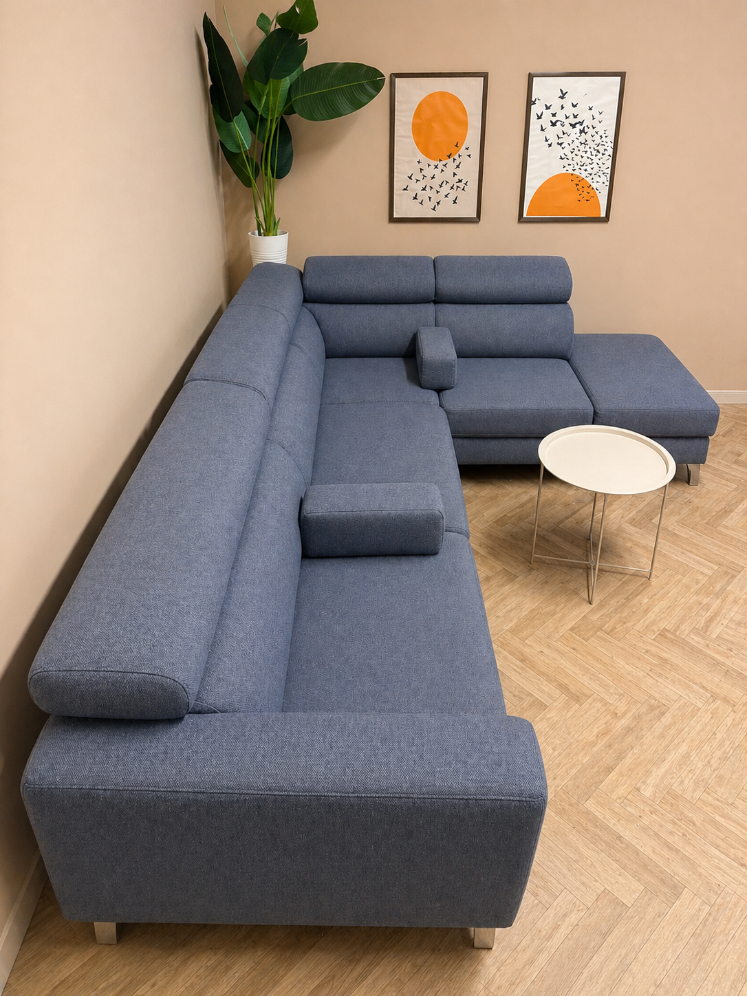 🛋️ Grote blauwe hoekbank met hoofdsteunen – verstelbare zit & lounge antraciet