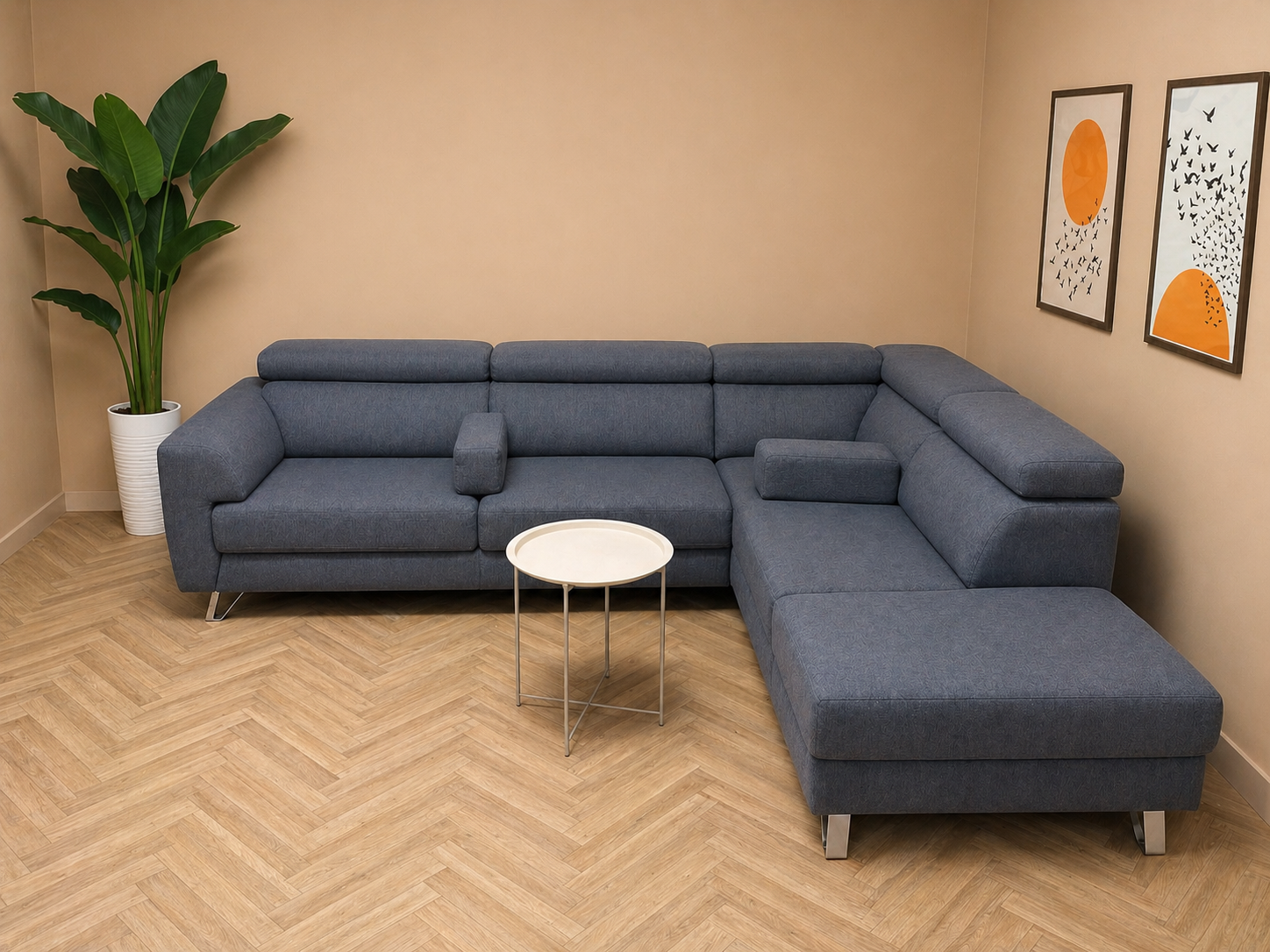 🛋️ Grote blauwe hoekbank met hoofdsteunen – verstelbare zit & lounge antraciet