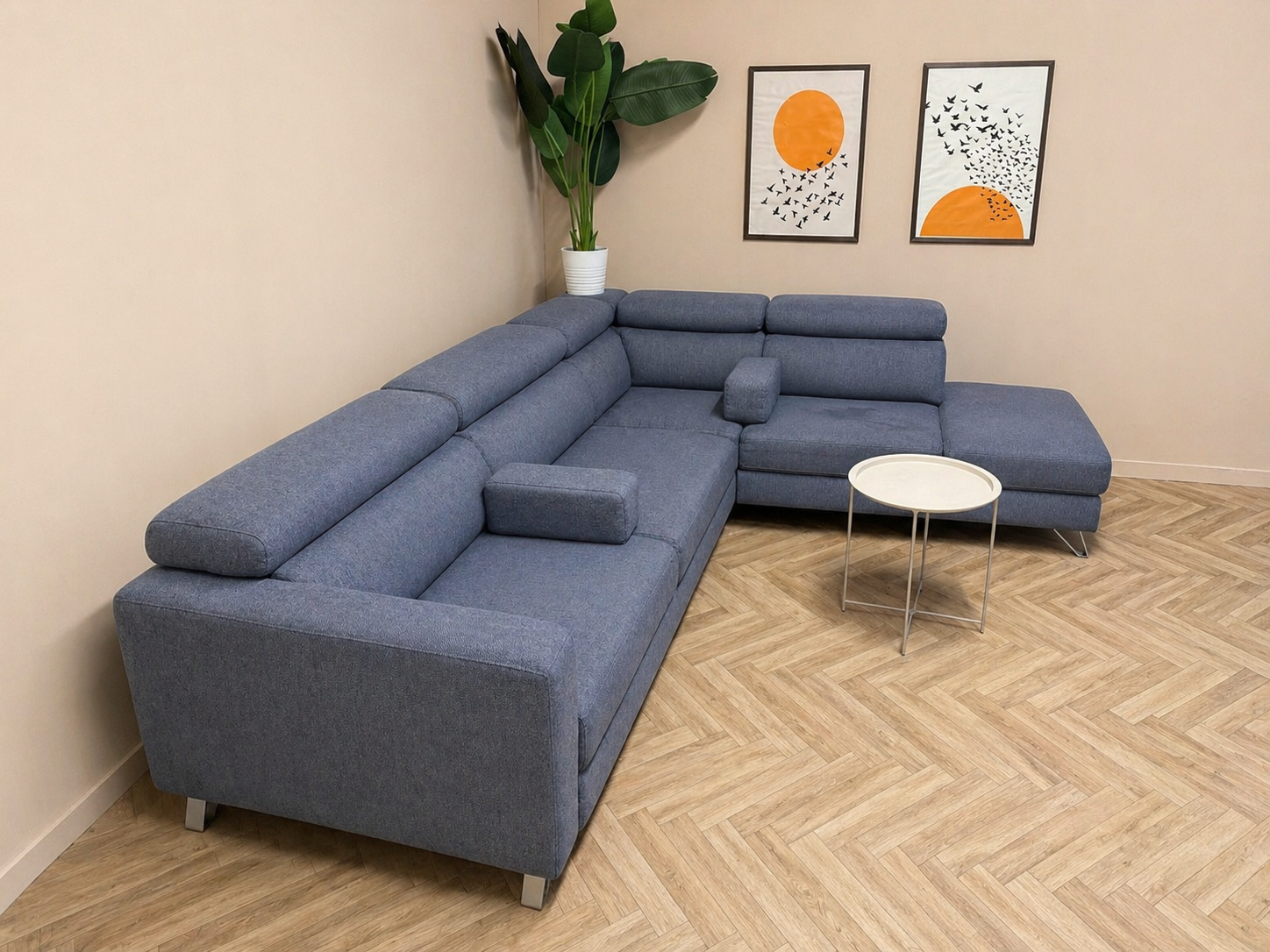🛋️ Grote blauwe hoekbank met hoofdsteunen – verstelbare zit & lounge antraciet